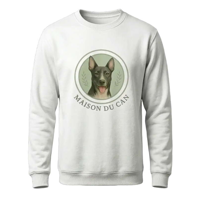 White sweatshirt featuring a large custom dog portrait logo. B2B branded apparel and retail merchandise designed by Petailor.